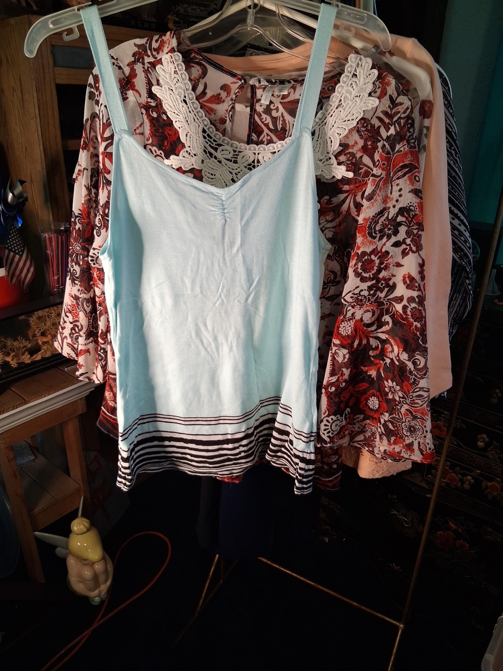 Apostrophe Light Blue Spaghetti Strap Camisole with Navy Stripe Hem